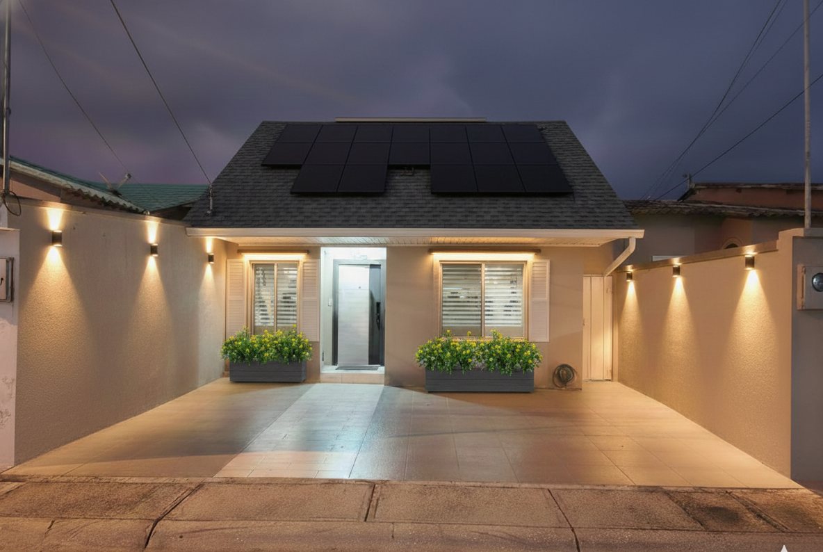 Render: techo de shingle con paneles solares